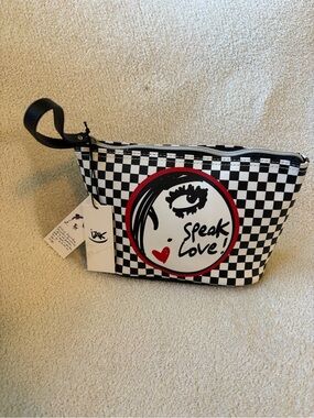 NWT IZAK Black and White Checkered Cosmetics Makeup Bag Speak Love!
